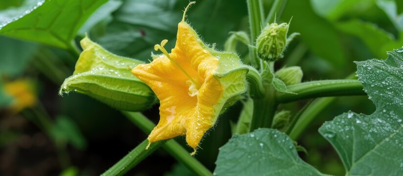 A photograph of a gourd vegetable plant showcasing its vibrant yellow flower against a backdrop of lush green leaves.