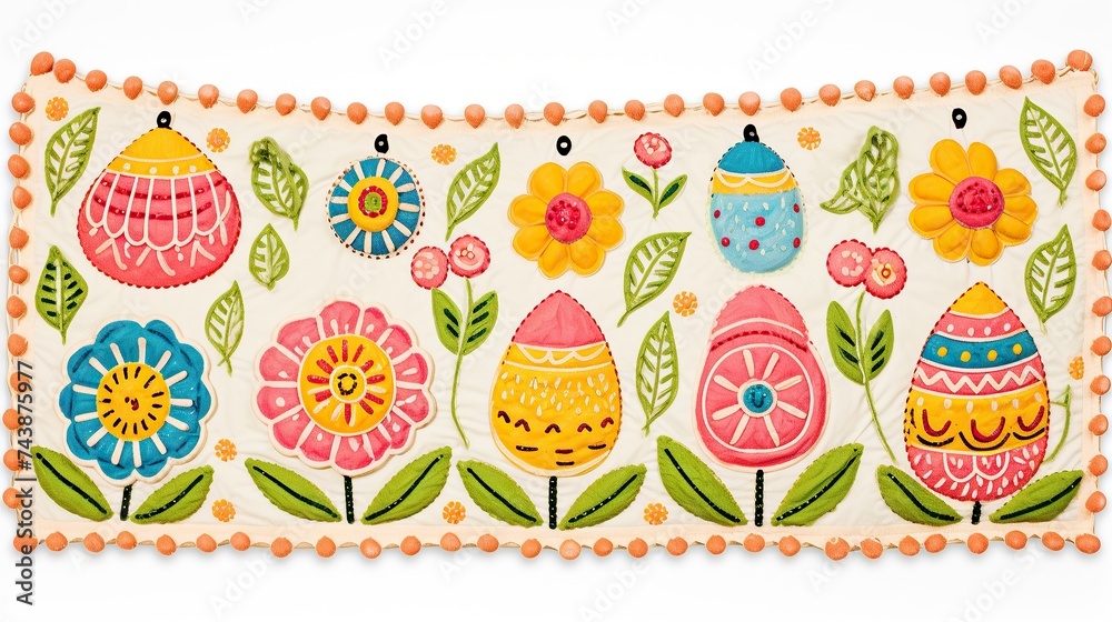 Poster a decorative pillow adorned with colorful flowers and delicate eggs, creating a whimsical and charmi