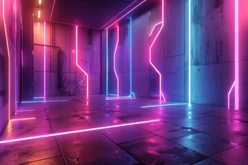 Futuristic neon-lit room with abstract geometric shapes Creating a captivating sci-fi environment for creative backdrops.