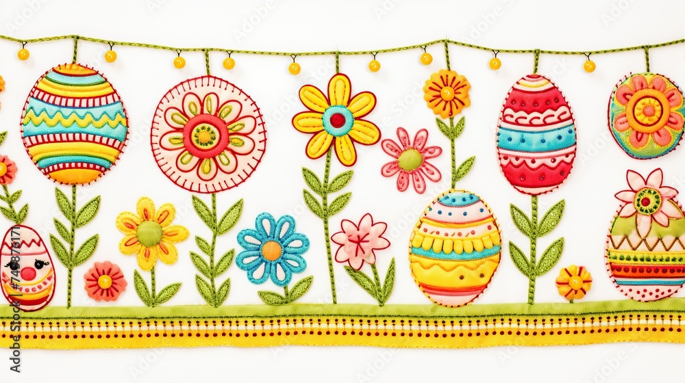 Poster a white wall hanging adorned with a vibrant assortment of colorful eggs creating a festive and charm