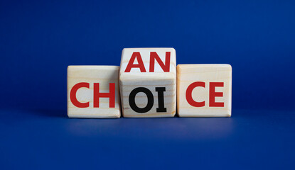 Chance and Choice symbol. Wooden cubes with words Choice and Chance. Beautiful deep blue background. Chance and Choice and business concept. Copy space