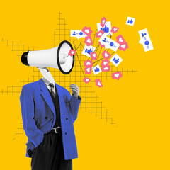 Megaphone-headed figure with social media icons and likes. Contemporary art collage. Social media...