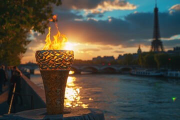  Olympic torch with intricate design details, captured with the Seine River and a Parisian sunset backdrop  - obrazy, fototapety, plakaty