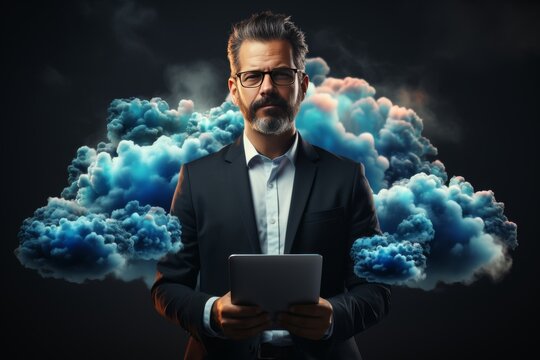 Futuristic data center cto with laptop in warehouse, digitalization lines streaming through servers