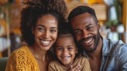 Fototapeta premium A happy family with a young child smiling warmly at the camera, showing a close and loving relationship.