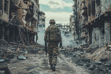 Lone soldier navigating through war-torn city. courage and resilience in conflict zones - obrazy, fototapety, plakaty