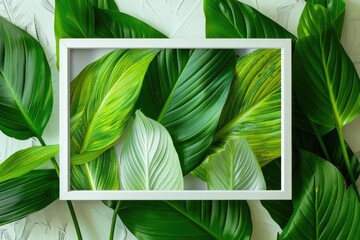 Spathiphyllum cannifolium  green abstract texture with white frame.