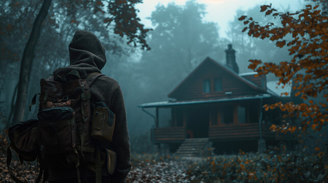 A survivalist found an abandoned house in the autumn forest