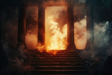 Eternal fire in dark fantasy landscape with ancient columns. - obrazy, fototapety, plakaty