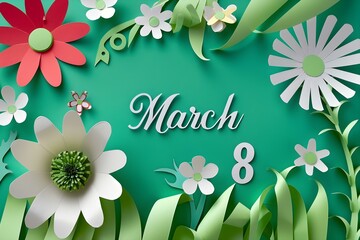 March Postcard Featuring Paper Flowers on a Green Background. Concept Paper Flowers, March Theme, Green Background, Postcard Design, Spring Inspiration