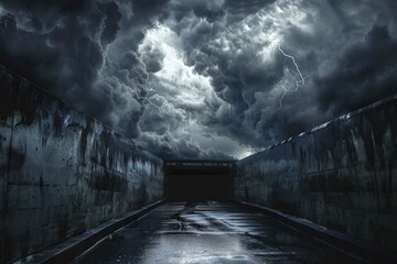 Tunnel in the Dark and Dramatic Clouds - obrazy, fototapety, plakaty