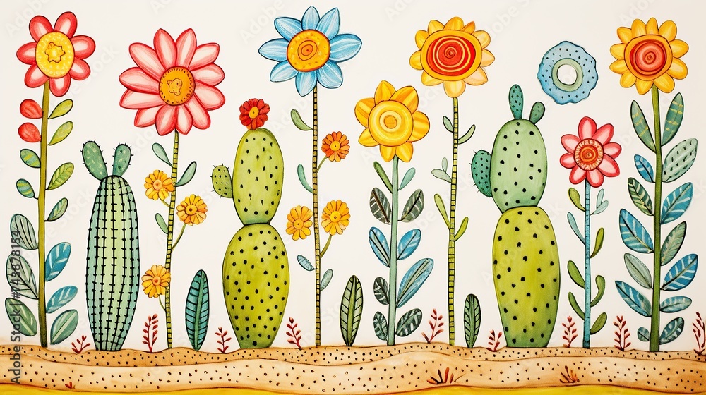 Sticker A vibrant painting of a cactus surrounded by colorful flowers adorning a wall, bringing a desert oasis to life with a burst of nature