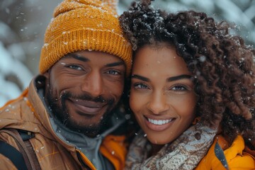Amidst the snowy winter landscape, a man and woman beam with joy, their faces illuminated by genuine smiles as they pose for a picture, their stylish winter clothing adding a touch of warmth to the s - obrazy, fototapety, plakaty