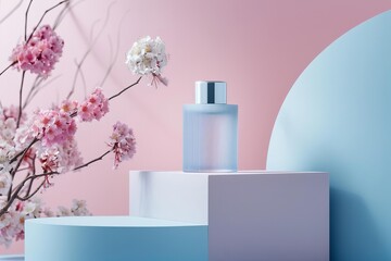 Sophisticated beauty packaging in soft pink and blue hues Ideal for skincare or fragrance lines Elegance on a pastel background