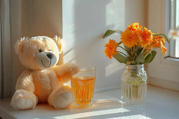 Childhood Delight: Serene Teddy Bear and Sippy Cup in a Sunlit Artwork of Vray Tracing Elegance and Colorful Harmony