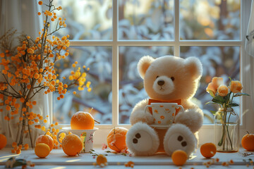 Cozy Comfort: A Charming Teddy Bear and Sip Cup Bask in Sunlight by the Window, Creating a Photorealistic Display of Warmth and Simplicity