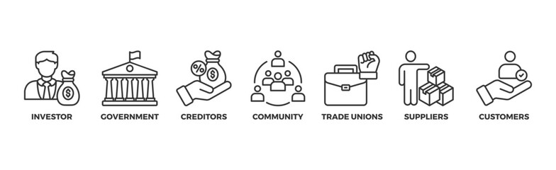 Stakeholder relationship banner web icon vector illustration concept for stakeholder, investor, government, and creditors with icon of community, trade unions, suppliers, and customers	