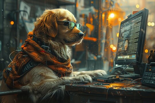 A stylish canine programmer hard at work in the comfort of his indoor office, surrounded by the hustle and bustle of a bustling building