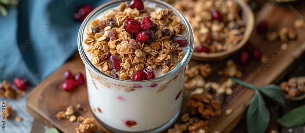 Poster A delicious glass of yogurt topped with homemade granola and sweet cranberries.