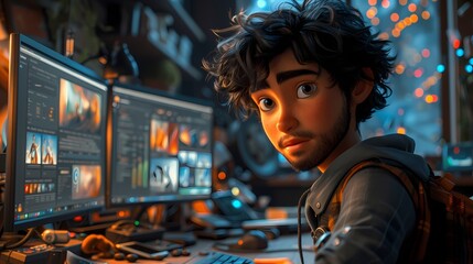 A digital animator using powerful software and a graphics tablet to bring characters and stories to life through smooth and captivating animations - obrazy, fototapety, plakaty