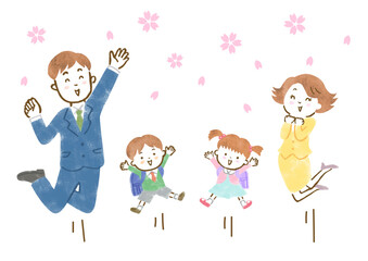 桜吹雪の中、入学式でジャンプする家族の手描きイラスト