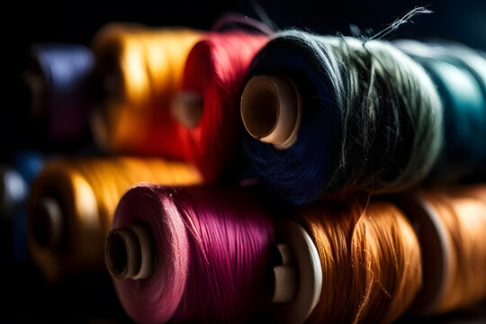 Colorful sewing threads on black background. Selective focus