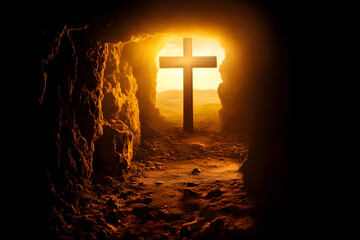 Silhouette of a Christian cross in a cave. Cross of Jesus Christ at the end of the tunnel.