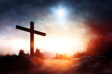 Silhouette of Christian cross on the background of sunset. Easter concept - obrazy, fototapety, plakaty