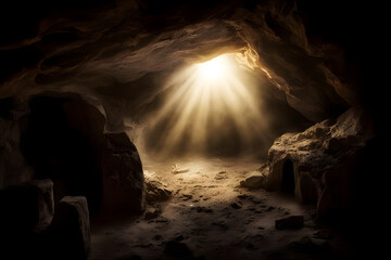 Interior of a cave with light coming out of the cave. Dark background