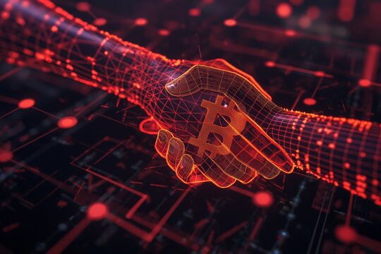 Illustration of a handshake merging into digital currency symbols, representing trust in financial transactions. 8k