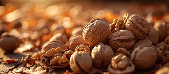 A photograph of a pile of loose walnuts sitting on top of a wooden table, showcasing their natural appearance.