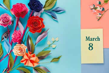 Postcard with paper flowers with the text March  colorful background. Concept Paper Flowers, March Theme, Postcard Design, Colorful Background