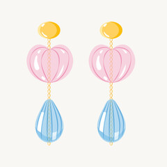 Glass drop gold earrings. Golden earring bubble droplet pendant vector flat illustration isolated on white background. Cute woman trendy accessory