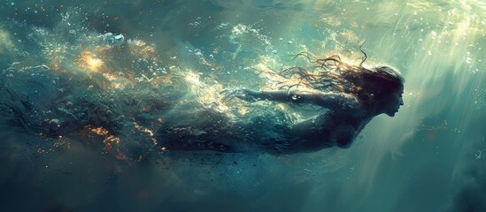 A serene figure gracefully glides through the tranquil depths, her hair flowing like seaweed as she embraces the weightlessness of being submerged - obrazy, fototapety, plakaty