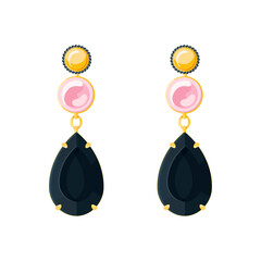 Golden earrings with pink pearl and black gemstone on a white background. Vector flat illustration jewelry accessories