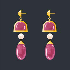 Gold Pink gemstone dangle earring on dark background. Golden and diamond pearl gemstones pendant vector illustration. Women's accessories