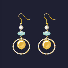 Long gold dangle earrings with sapphire, diamond and pearl isolated on dark background. Modern Trendy Women Accessories jewelry Vector illustration