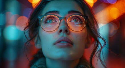 Fototapeta premium A young woman's piercing gaze shines through her stylish eyewear, drawing in the light and capturing the essence of her confident and sophisticated persona