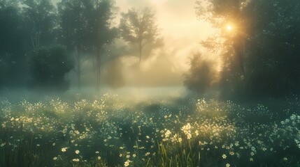 A serene forest clearing at dawn, with mist gently rising from the ground, illuminated by the soft glow of the rising sun - obrazy, fototapety, plakaty