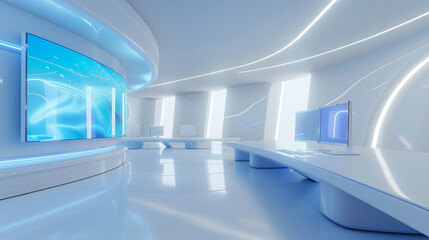 Futuristic workspace with organic design elements, ambient lighting, and advanced digital interfaces

