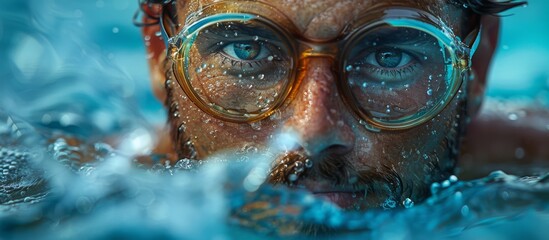 A bespectacled man submerges himself in the tranquil waters, his gaze fixed on the camera as he glides effortlessly through the underwater world - obrazy, fototapety, plakaty