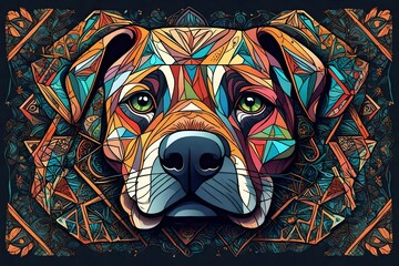 an dog face with intricate and colorful scared geometry design detailed eyes