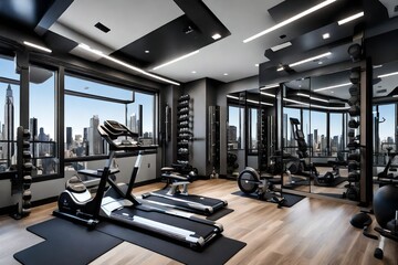 High-tech home gym with state-of-the-art equipment, mirrored walls, and motivational wall decals - obrazy, fototapety, plakaty