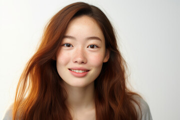 Fototapeta premium Young Asian woman with clean fresh skin and nice freckles on white background with copy space