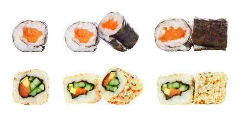 Set of Sushi Roll pieces, isolated on white background, delicious Japanese food concept