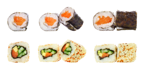 Set of Sushi Roll pieces, isolated on white background, delicious Japanese food concept