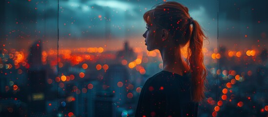 In the glow of the city lights, a lone woman stands in the darkness of night, contemplating the world before her - obrazy, fototapety, plakaty