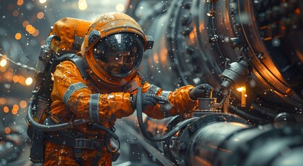 A determined astronaut dons his protective orange suit and helmet as he works tirelessly on a high-pressure machine, ready to brave the unknown depths of space - obrazy, fototapety, plakaty