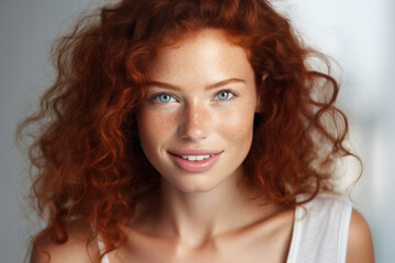 Smiling redhead freckled woman with beautiful long wavy curly haircut, hairstyle concept