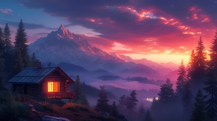 A serene mountain landscape at dusk, with a lone cabin nestled among the trees, illuminated by a warm glow from within - obrazy, fototapety, plakaty